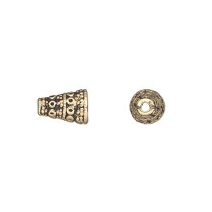 Cone, antique gold-finished "pewter" (zinc-based alloy), 10x7mm textured, 4.5mm inside diameter. Sold per pkg of 50.