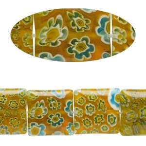 Bead, millefiori glass, translucent yellow / blue / white, 13mm-15x14mm puffed square with flower design. Sold per 14-inch strand.