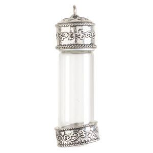 Focal 1pkg1, glass and antique silver-finished "pewter" (zinc-based alloy), clear, 59.5x20.5mm bottle with twist off top and vine design.