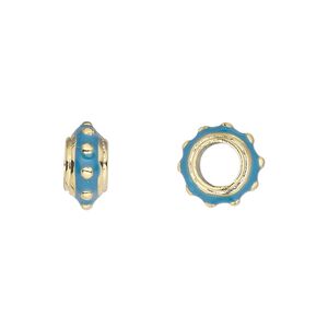 Bead, Dione®, gold-finished "pewter" (zinc-based alloy) and enamel, blue, 12x6mm beaded rondelle with 5mm hole. Sold individually.
