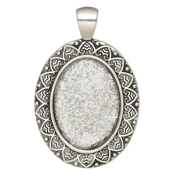 Pendant, glue-in, antique silver-finished "pewter" (zinc-based alloy), 44x28mm single-sided oval with heart design and 25x18mm oval setting. Sold per pkg of 2. image number 0