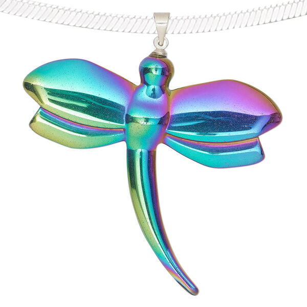Pendant, electroplated Hemalyke™ (man-made) and silver-finished brass, rainbow, 51x48mm single-sided dragonfly. Sold individually. image number 0