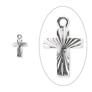 Drop, silver-plated brass, 9x7mm diamond-cut cross. Sold per pkg of 100.