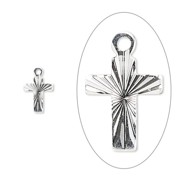 Drop, silver-plated brass, 9x7mm diamond-cut cross. Sold per pkg of 100. image number 0