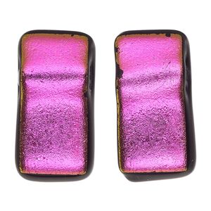 Bead, Paula Radke, dichroic glass, opaque pink / purple / black, 31x15mm-33x18mm top-drilled rectangle. Sold individually.