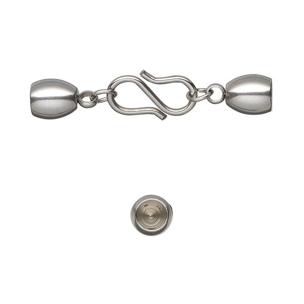 Clasp, S-hook, stainless steel, 32x7mm clasp with 13x7mm hook and 6.5x5mm glue-in bell ends, 4mm inside diameter. Sold individually. image number 0