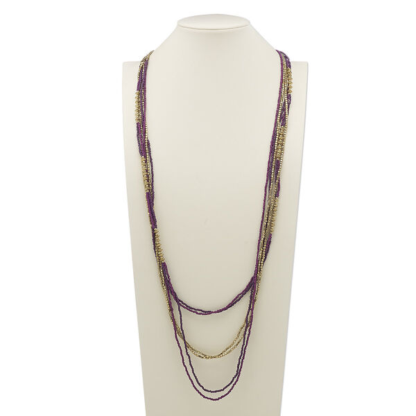 Necklace, glass and gold-finished steel, light purple and dark purple, 40 inches with 2-inch extender chain and lobster claw clasp. Sold individually. image number 0