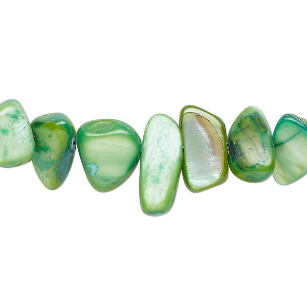 Bead, mother-of-pearl shell (dyed), avocado, small to extra-large chip, Mohs hardness 3-1/2. Sold per 30-inch strand. image number 0