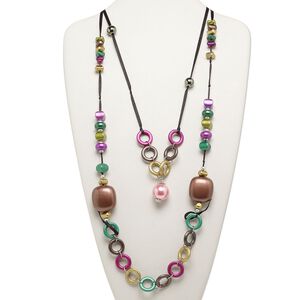 Necklace, acrylic and steel, multicolored, 10mm-30x28mm mixed shapes, 31-1/2 inch satin ribbon with 2-inch extender chain and lobster claw clasp. Sold individually.