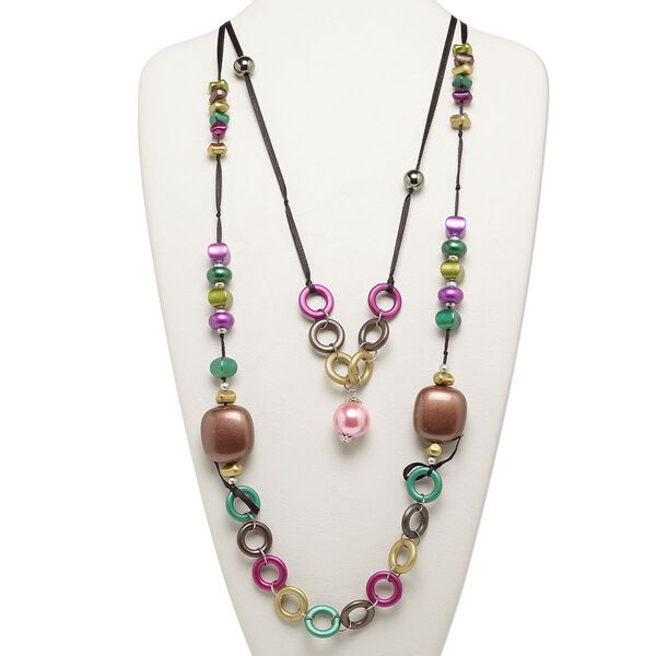 Necklace, acrylic and steel, multicolored, 10mm-30x28mm mixed shapes, 31-1/2 inch satin ribbon with 2-inch extender chain and lobster claw clasp. Sold individually. image number 0