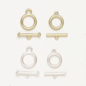 Clasp mix toggle 1pkg4, 14-15mm round, matte silver-finished brass 1-strand