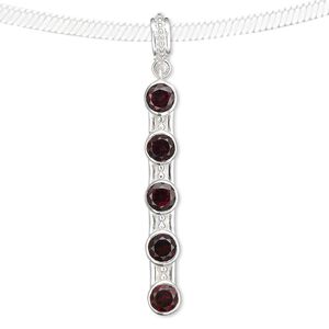 Pendant, garnet (natural) and sterling silver, 41x6mm rectangle with 5mm faceted round. Sold individually.
