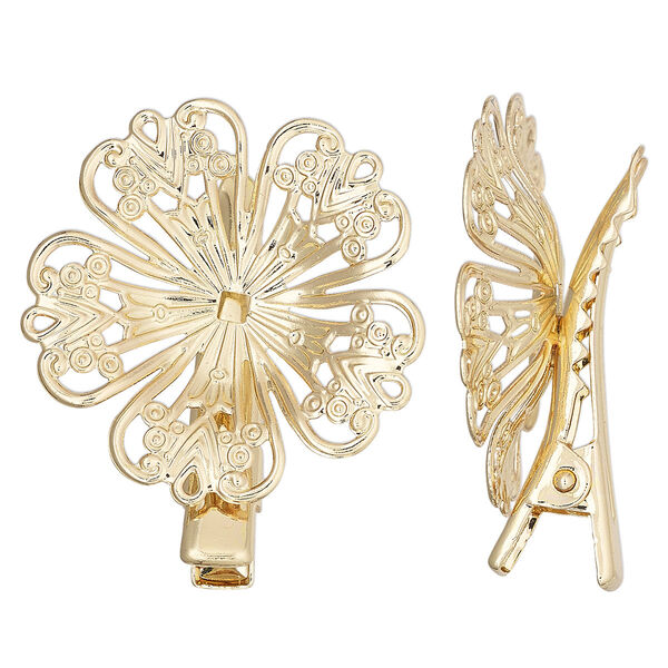Brooch and hair clip, gold-finished brass and steel, 32mm flower. Sold individually. image number 0