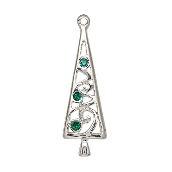 Charm, enamel / crystals / silver-plated "pewter" (zinc-based alloy), green, 34x11mm single-sided Christmas tree. Sold individually. image number 0