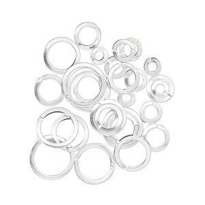 Jump ring mix, sterling silver, 4-10mm round square wire, 1.9mm-7.7mm inside diameter, 18 gauge. Sold per 5-gram pkg, approximately 25 jump rings.