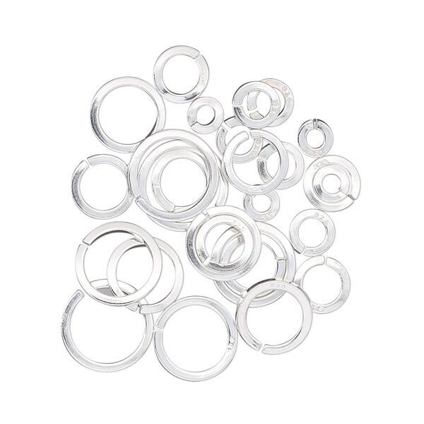 Jump ring mix, sterling silver, 4-10mm round square wire, 1.9mm-7.7mm inside diameter, 18 gauge. Sold per 5-gram pkg, approximately 25 jump rings. image number 0