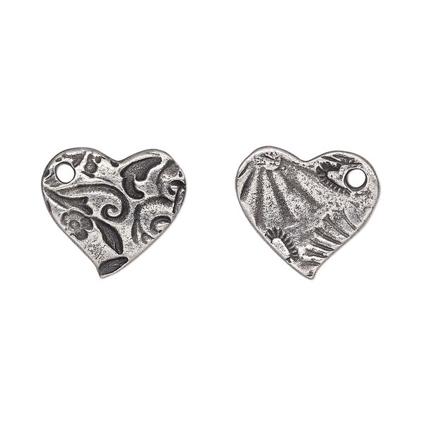 Charm, TierraCast®, "Vida Mas Dulce" collection, antiqued pewter (tin-based alloy), 15mm two-sided heart with amor design. Sold per pkg of 2. image number 0