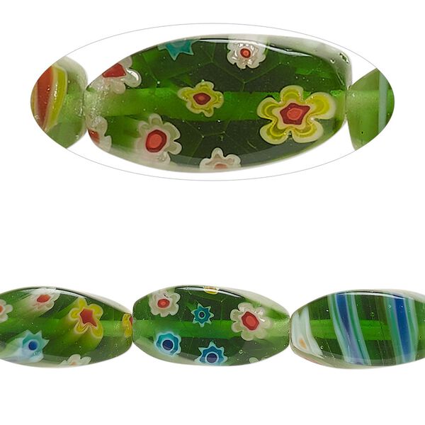Bead, millefiori glass, translucent green and multicolored, 15x7-17-9mm 4-sided twisted oval with flower and stripe design. Sold per 14-inch strand. image number 0