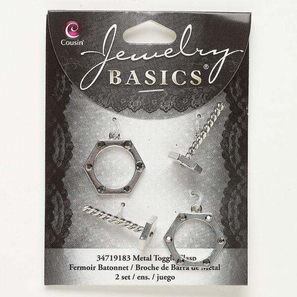 Clasp, toggle, silver-finished "pewter" (zinc-based alloy) and glass, grey, 22x19mm nut and bolt with rhinestones. Sold per pkg of 2. image number 0