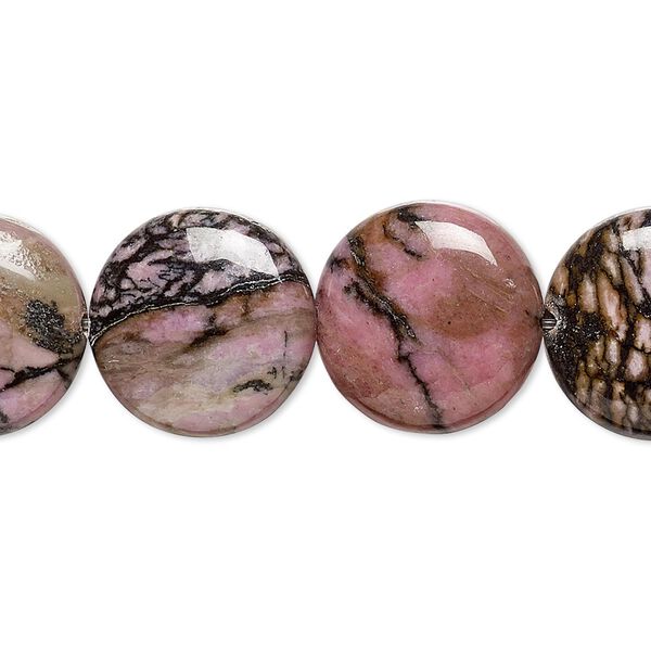 Bead, rhodonite (natural), 16mm puffed flat round, B grade, Mohs hardness 5-1/2 to 6-1/2. Sold per 15-1/2" to 16" strand. image number 0