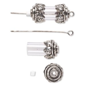Drop, acrylic and antique silver-finished brass and "pewter" (zinc-based alloy), clear, 24x12mm with 15x8mm round tube and removable ends, 1-1/2 inch eye pin. Sold per pkg of 2.