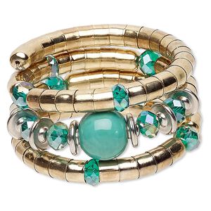 Bracelet, glass / silver-coated plastic / gold-finished steel, turquoise blue AB and turquoise blue, 36mm wide with round, 8-inch adjustable. Sold individually.