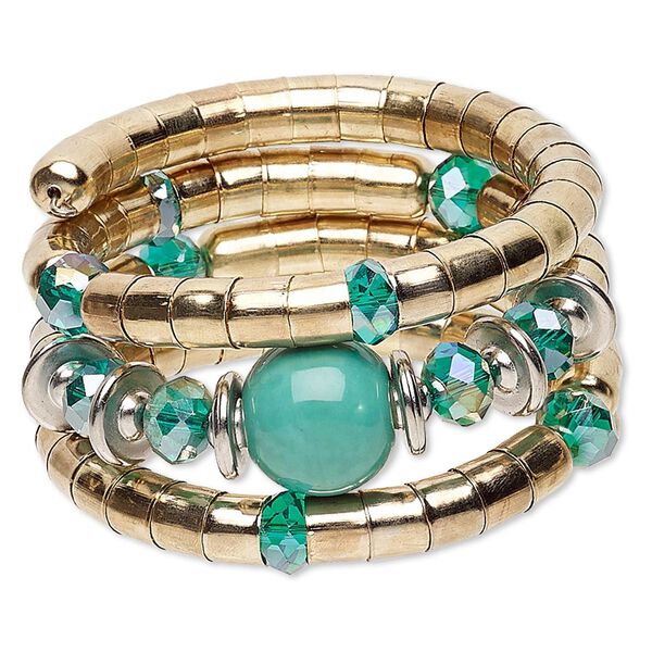 Bracelet, glass / silver-coated plastic / gold-finished steel, turquoise blue AB and turquoise blue, 36mm wide with round, 8-inch adjustable. Sold individually. image number 0