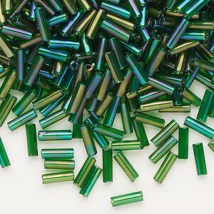 Bead, Preciosa Ornela Czech glass, bugle bead, pkg/50g, 1/4 inch, rainbow translucent medium green, (51060).
