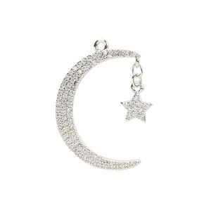 Charm, cubic zirconia and silver-finished brass, clear, 25x21mm single-sided moon with star. Sold individually.