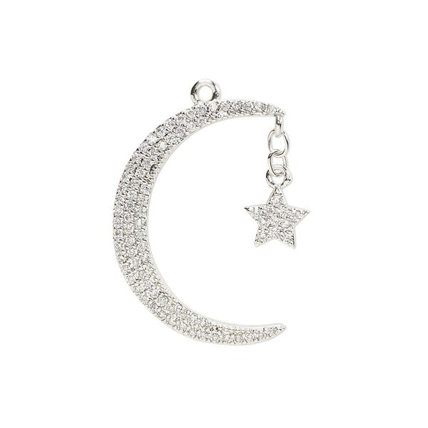 Charm, cubic zirconia and silver-finished brass, clear, 25x21mm single-sided moon with star. Sold individually. image number 0