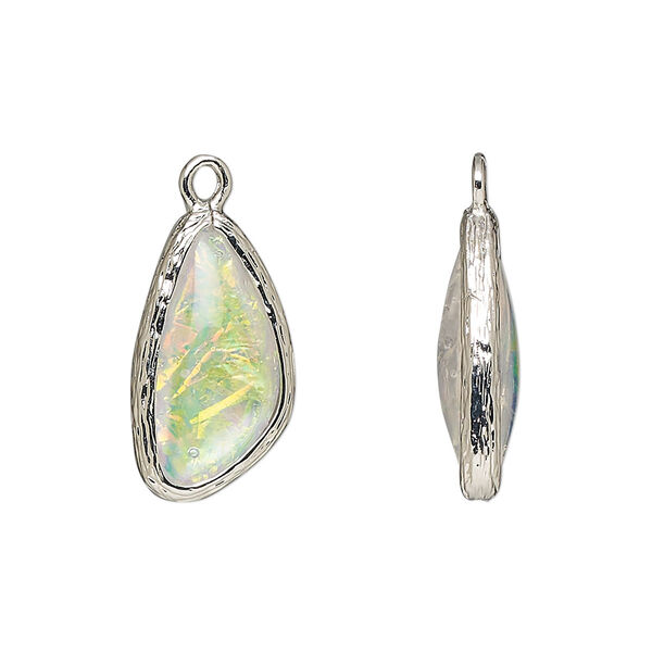 Drop, Opalized Ice™, "opal" (resin) and imitation rhodium-finished brass, opaque white, 19.5x11mm double-sided wing. Sold per pkg of 4. image number 0