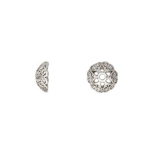 Bead cap, antique silver-finished "pewter" (zinc-based alloy), 9.5x4mm round with cutout flower, fits 6-10mm round bead. Sold per pkg of 20.