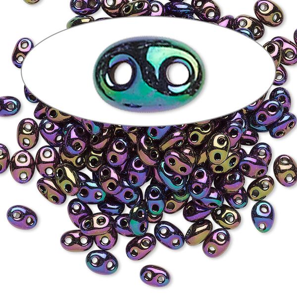 Seed bead, Preciosa Twin™ Czech glass, pkg/10g, 5x2.5mm oval, opaque rose iris black, (59195). image number 0