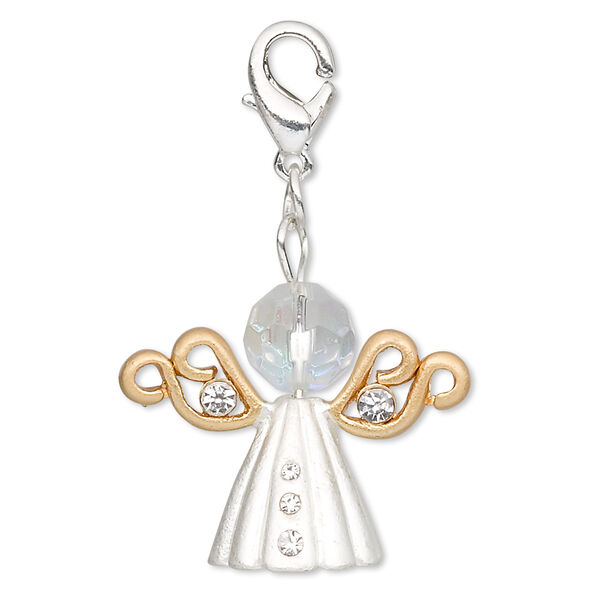 Charm, glass / glass rhinestone / silver- / gold-finished pewter (tin-based alloy), clear and clear AB, 26x21mm angel with lobster claw clasp. Sold per pkg of 2. image number 0