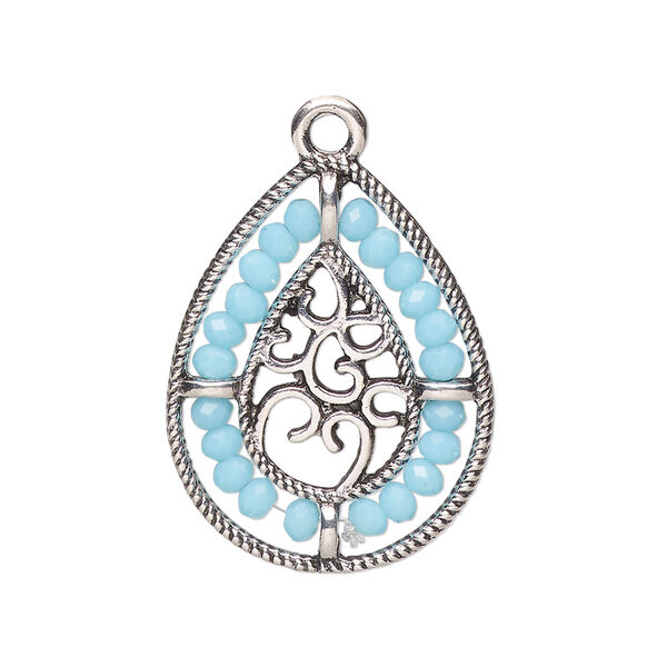 Drop, antique silver-finished "pewter" (zinc-based alloy), aqua blue, 27.5 x 21.5mm teardrop with hearts and beaded border. Sold per pkg of 2. image number 0