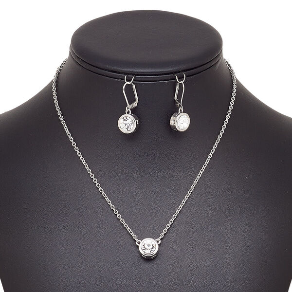 Necklace and earring set, glass / imitation rhodium-plated brass / steel / "pewter" (zinc-based alloy), clear, 6mm round, 15" to 16" necklace with 2-inch extender chain and lobster claw clasp, 25mm earrings with leverback ear wire. Sold per set. image number 0