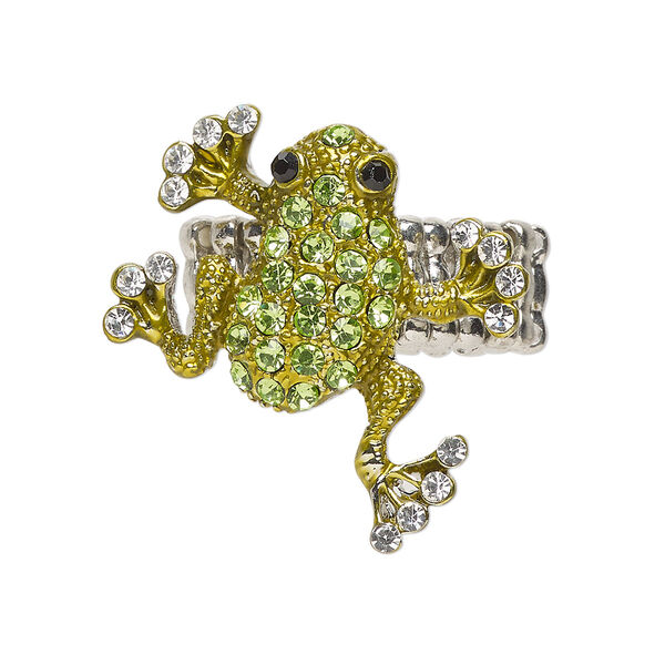 Ring, stretch, glass rhinestone and antique rhodium-plated "pewter" (zinc-based alloy), green / clear / black, 26mm frog, size 7.5 to 8.5. Sold individually. image number 0
