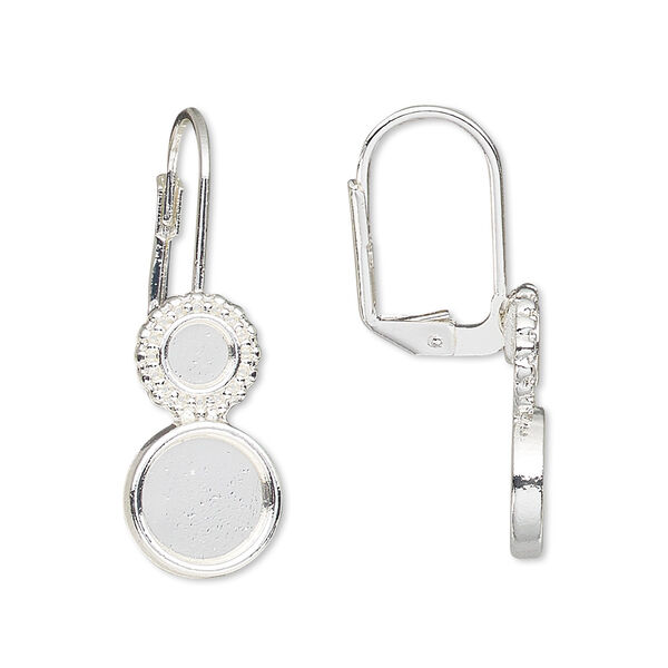 Ear wire, Almost Instant Jewelry®, silver-finished brass, 31mm leverback with 4mm and 8mm round setting. Sold per pkg of 5 pairs. image number 0