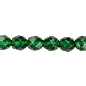 Bead, Czech fire-polished dipped décor glass, emerald green, 8mm faceted round. Sold per 15-1/2" to 16" strand, approximately 50 beads.