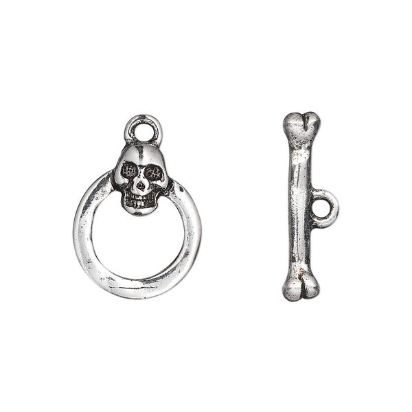 Clasp, toggle, pewter (tin-based alloy), pkg/1, antique silver plate, 17x14mm round with skull. image number 0