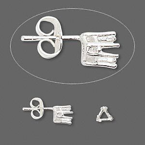 Earstud 1pkg2 Sure-Set™ sterling silver, 5mm triangle pre-notched 6-prong basket-style setting / earnuts, 1 pair