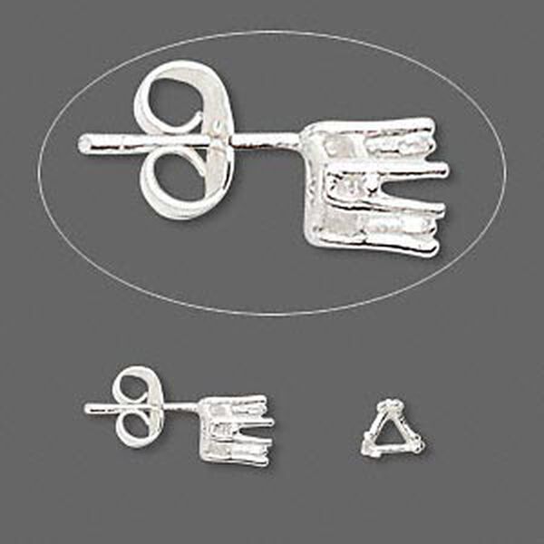 Earstud, Sure-Set™, sterling silver, 5mm with 6-prong triangle basket setting. Sold per pair. image number 0
