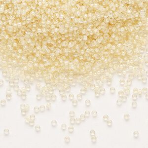 Seed bead, Miyuki, glass, pkg/35g, #15 rocaille, translucent ivory-lined luster crystal clear (RR-2215).