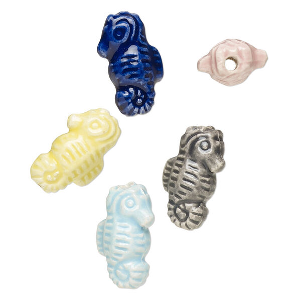 Bead, painted and glazed ceramic, assorted colors, 17x8mm 3D seahorse. Sold per pkg of 5. image number 0