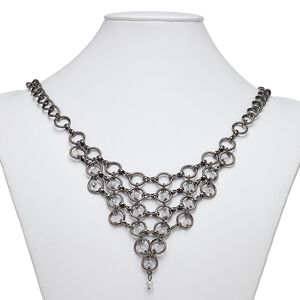 Necklace, glass with gunmetal-plated steel and "pewter" (zinc-based alloy), clear, 24 inches with 1-1/2 inch extender chain and lobster claw clasp. Sold individually.