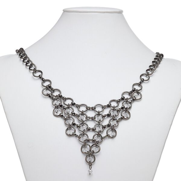 Necklace, glass with gunmetal-plated steel and "pewter" (zinc-based alloy), clear, 24 inches with 1-1/2 inch extender chain and lobster claw clasp. Sold individually. image number 0