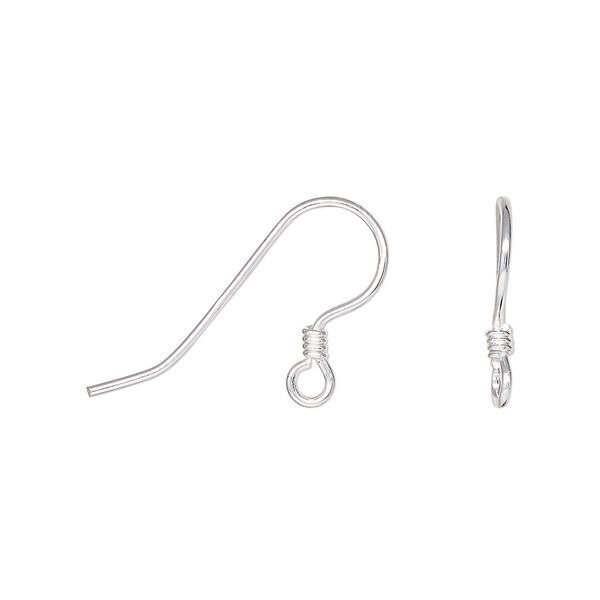 Ear wire, sterling silver, 14.5mm fishhook with 2mm coil and open loop, 20 gauge. Sold per 5 pairs (10 ear wires). image number 0