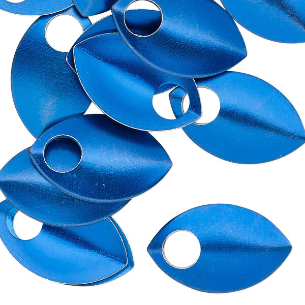 Component, anodized aluminum, blue, 22x14mm 2-sided curved scale blank with 5mm hole, 20 gauge. Sold per pkg of 20. image number 0