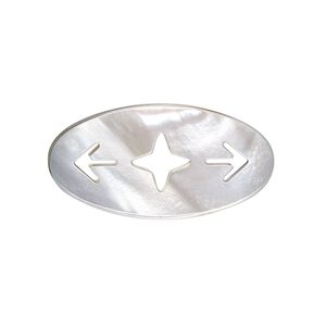 Focal, black lip shell (natural), 30x15mmm hand-cut flat oval with arrows and star, Mohs hardness 3-1/2. Sold individually.
