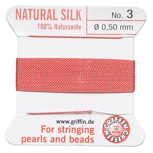 Thread, Griffin, silk, coral, size #3. Sold per 2-meter card (approximately 78 inches).